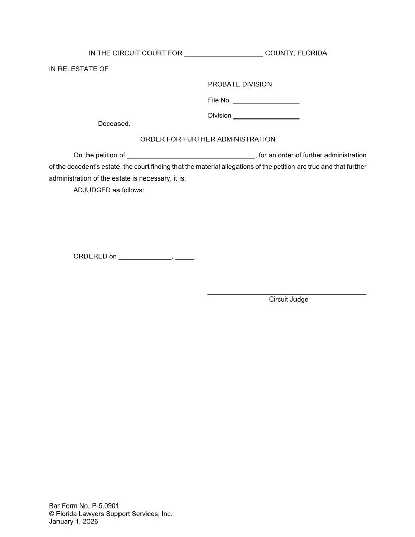 Order For Further Administration {P-5.0901} | Pdf Fpdf Docx | FLSSI Probate