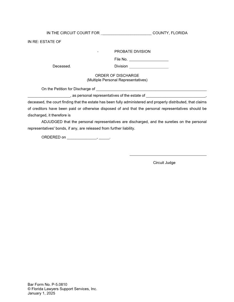 Order Of Discharge (Multiple Personal Representatives) {P-5.0810} | Pdf Fpdf Doc Docx | FLSSI Probate