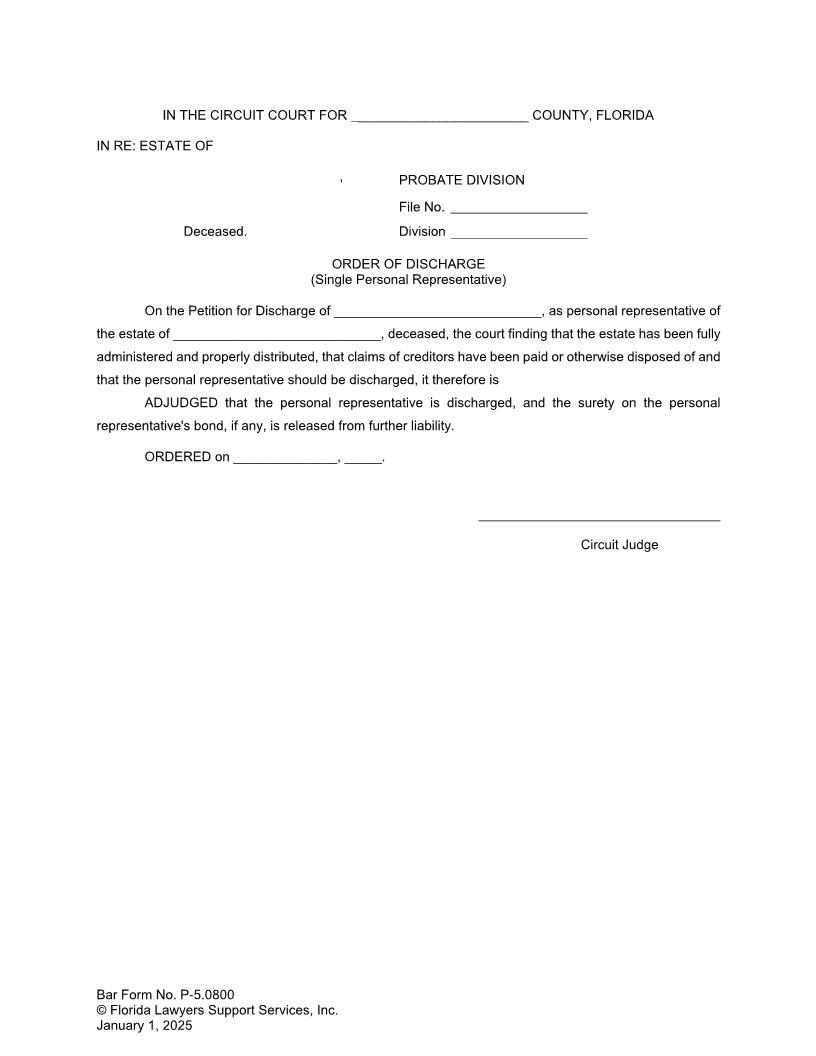 Order Of Discharge (Single Personal Representative) {P-5.0800} | Pdf Fpdf Doc Docx | FLSSI Probate