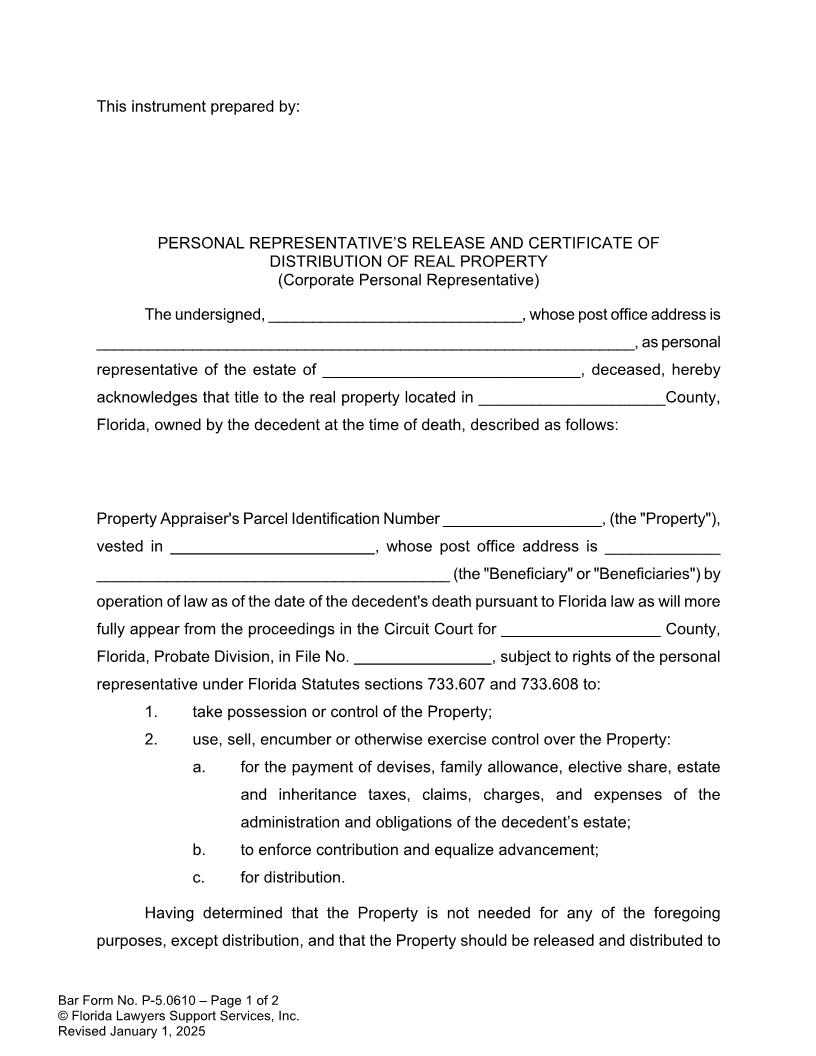 Personal Representatives Release And Certificate Of Distribution Of Real Property (Corporate) {P-5.0610} | Pdf Fpdf Docx | FLSSI Probate