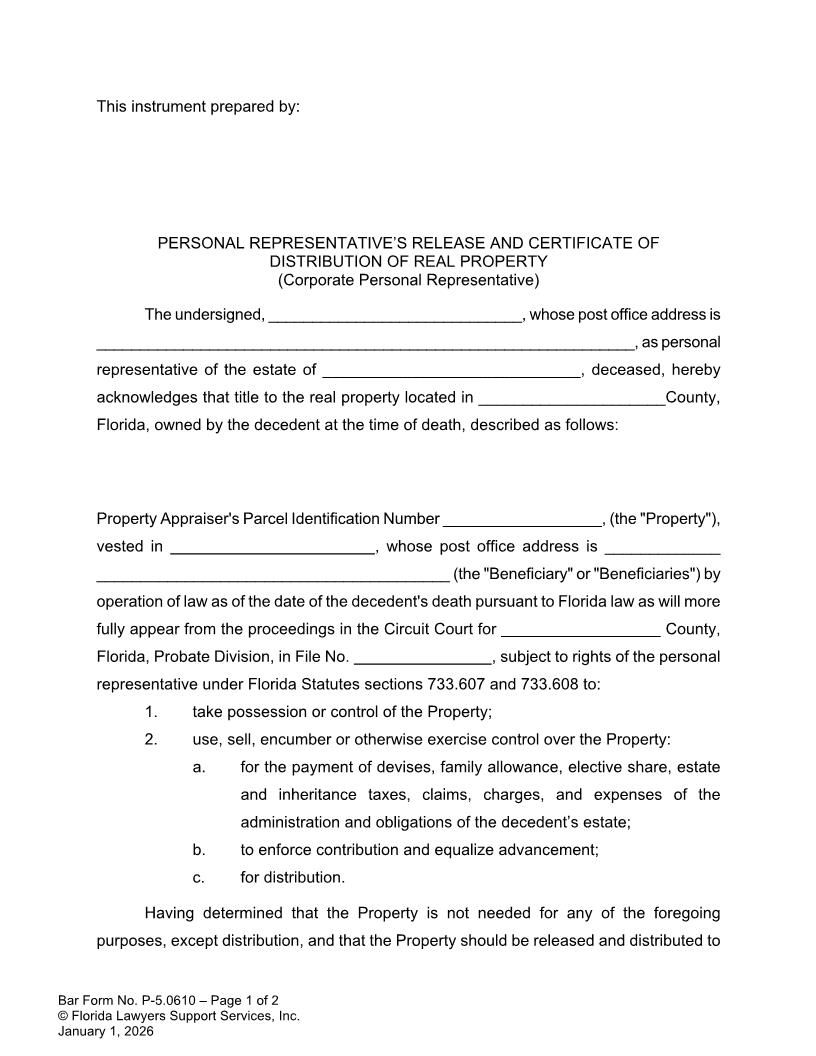 Personal Representatives Release And Certificate Of Distribution Of Real Property (Corporate) {P-5.0610} | Pdf Fpdf Docx | FLSSI Probate