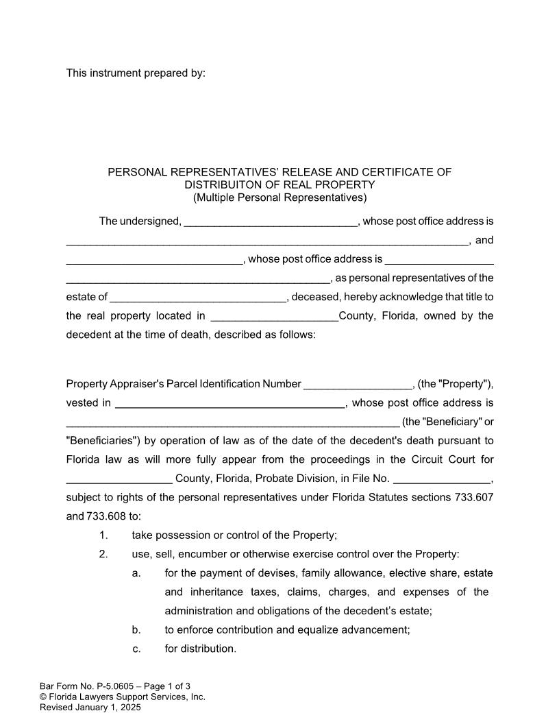 Personal Representatives Release Certificate Of Distribution Of Real Property Multiple Individual PRs {P-5.0605} | Pdf Fpdf Doc Docx | FLSSI Probate