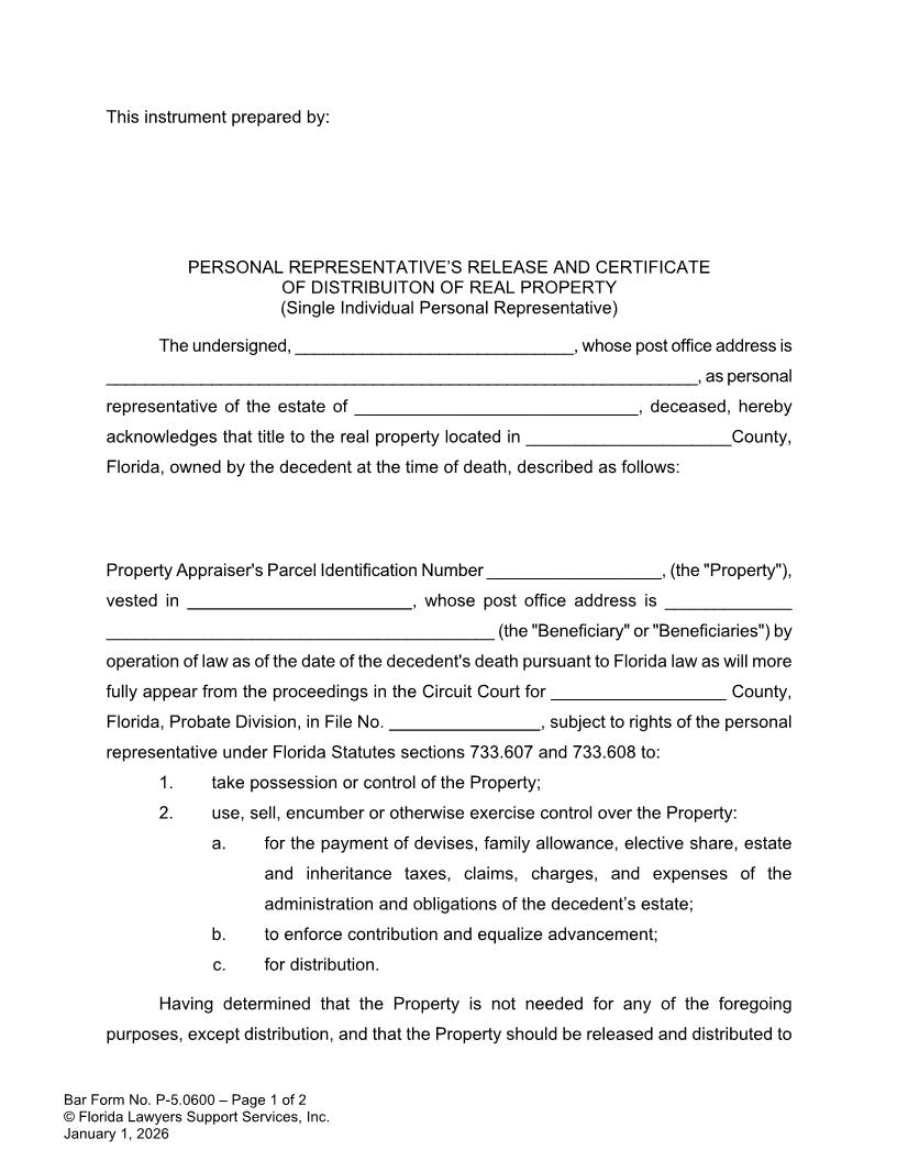 Personal Representatives Release Certificate Of Distribution Real Property Single PR {P-5.0600} | Pdf Fpdf Doc Docx | FLSSI Probate