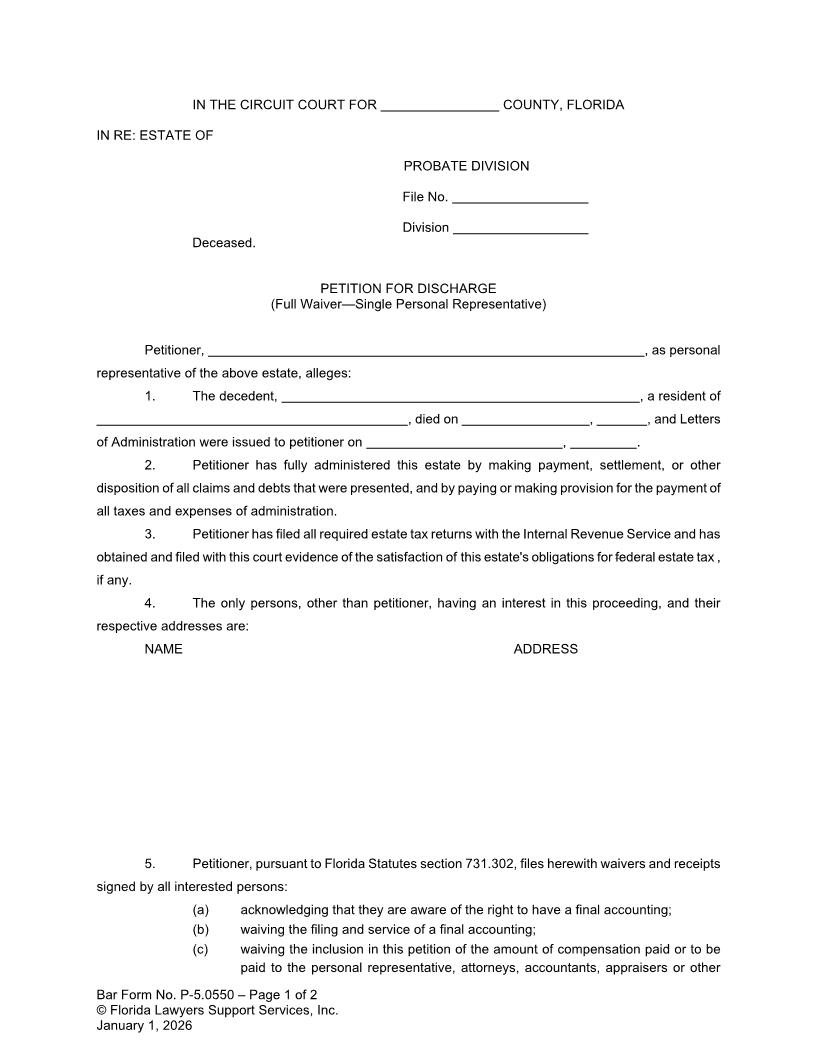 Petition For Discharge (Full Waiver Single Personal Representative) {P-5.0550} | Pdf Fpdf Docx | FLSSI Probate