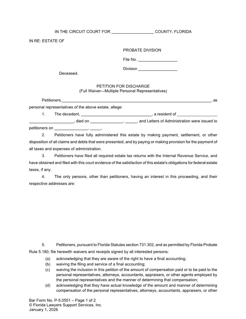 Petition For Discharge Full Waiver Multiple Personal Representatives {P-5.0551} | Pdf Fpdf Doc Docx | FLSSI Probate
