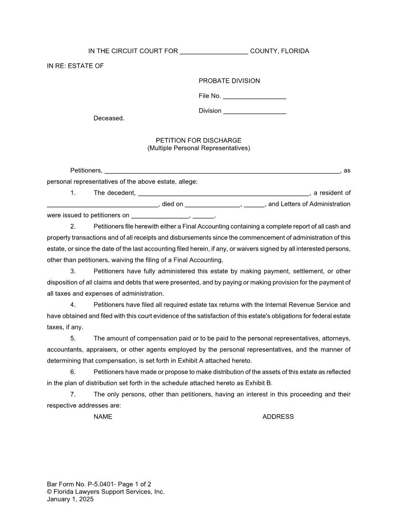 Petition For Discharge Multiple Personal Representatives {P-5.0401} | Pdf Fpdf Doc Docx | FLSSI Probate