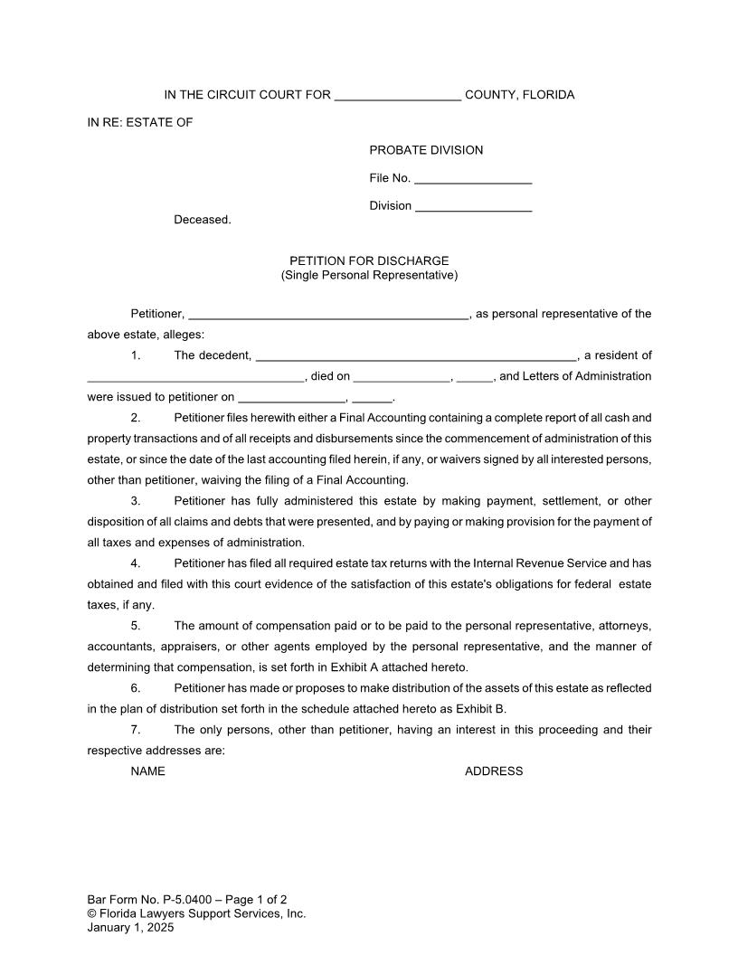 Petition For Discharge Single Personal Representative {P-5.0400} | Pdf Fpdf Doc Docx | FLSSI Probate