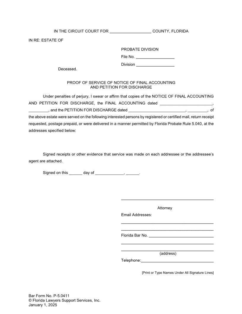 Proof Of Service Of Notice Of Final Accounting And Petition For Discharge {P-5.0411} | Pdf Fpdf Doc Docx | FLSSI Probate