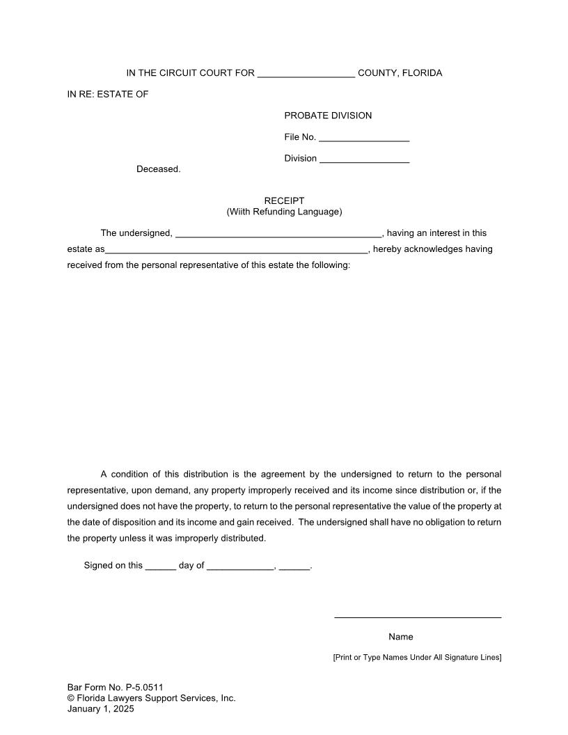 Receipt (With Refunding Language) {P-5.0511} | Pdf Fpdf Docx | FLSSI Probate
