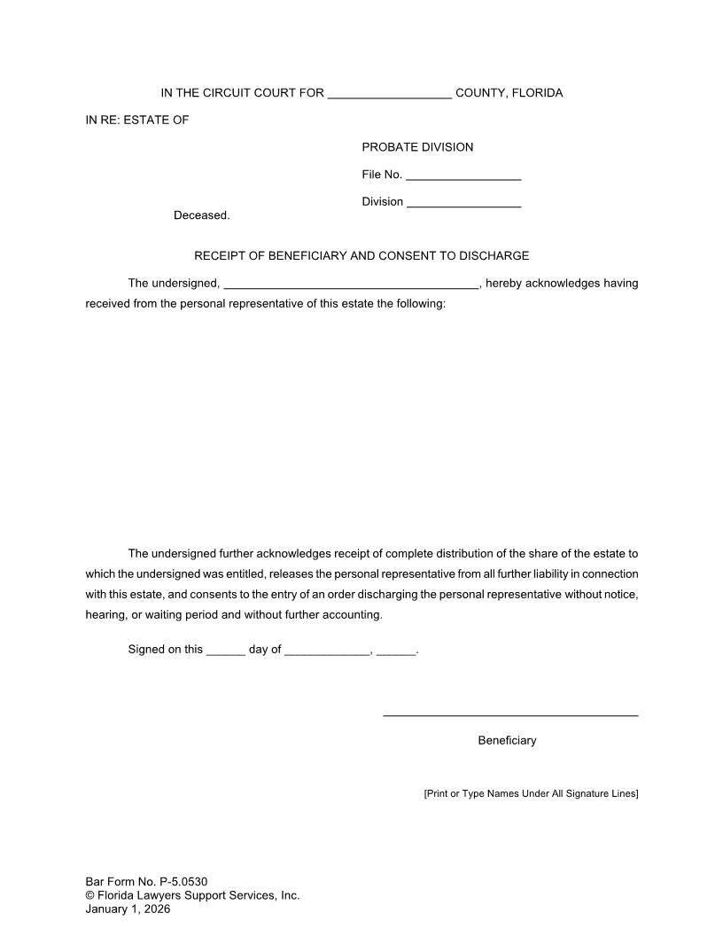 Receipt Of Beneficiary And Consent To Discharge {P-5.0530} | Pdf Fpdf Doc Docx | FLSSI Probate