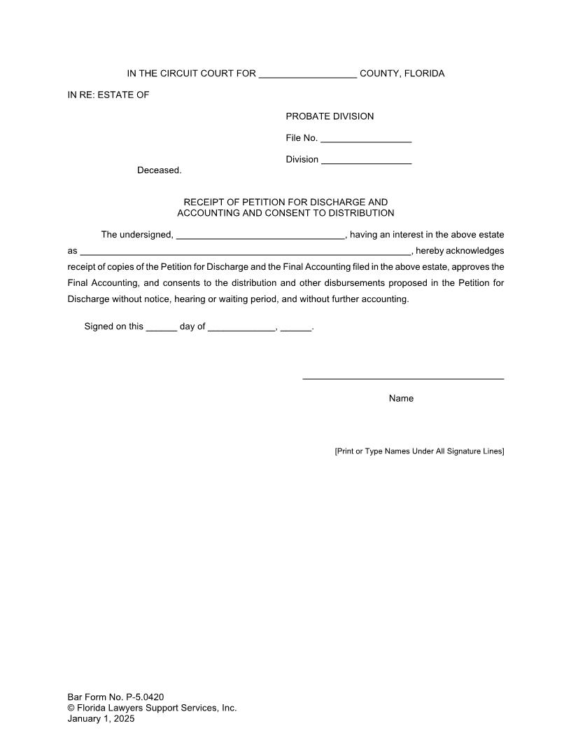 Receipt Of Petition For Discharge Accounting And Consent To Distribution {P-5.0420} | Pdf Fpdf Doc Docx | FLSSI Probate