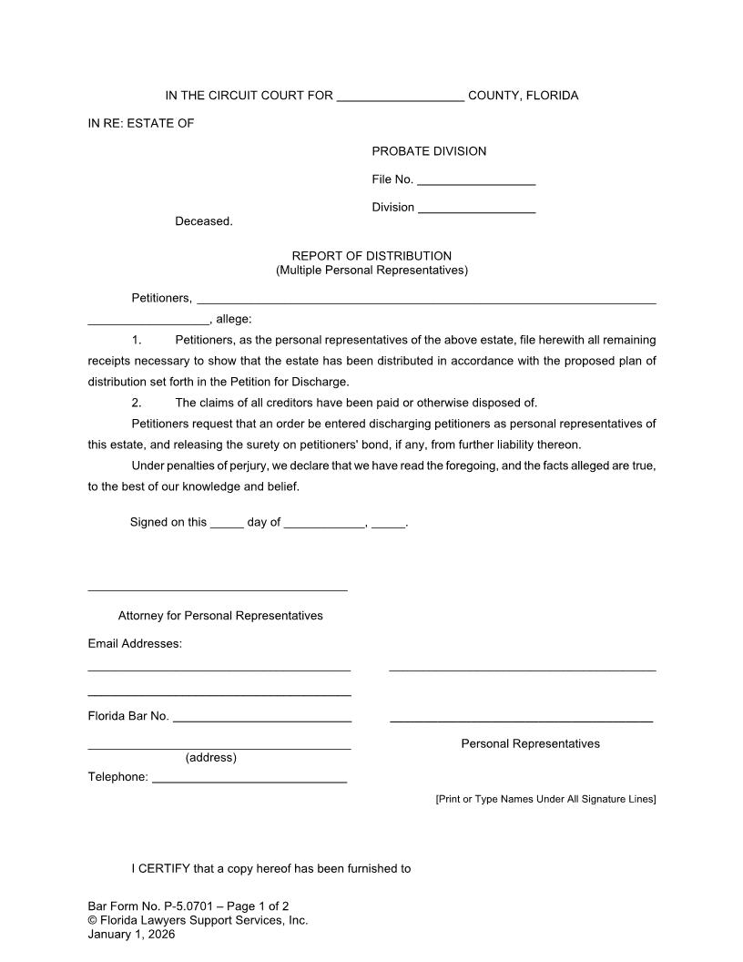Report Of Distribution (Multiple Personal Representatives) {P-5.0701} | Pdf Fpdf Doc Docx | FLSSI Probate