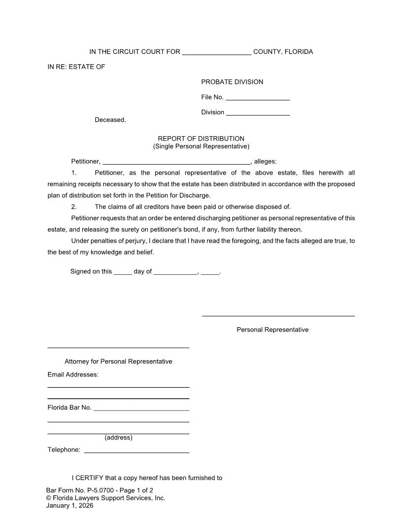 Report Of Distribution (Single Personal Representative) {P-5.0700} | Pdf Fpdf Doc Docx | FLSSI Probate