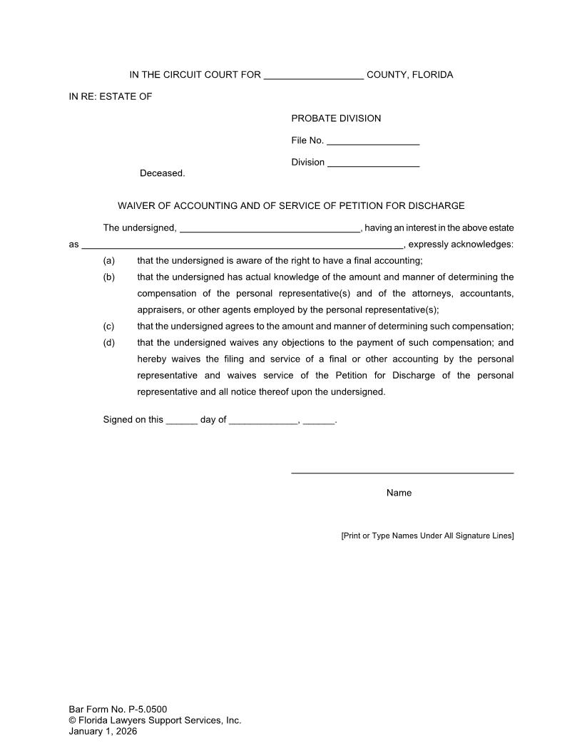 Waiver Of Accounting And Of Service Of Petition For Discharge {P-5.0500} | Pdf Fpdf Doc Docx | FLSSI Probate