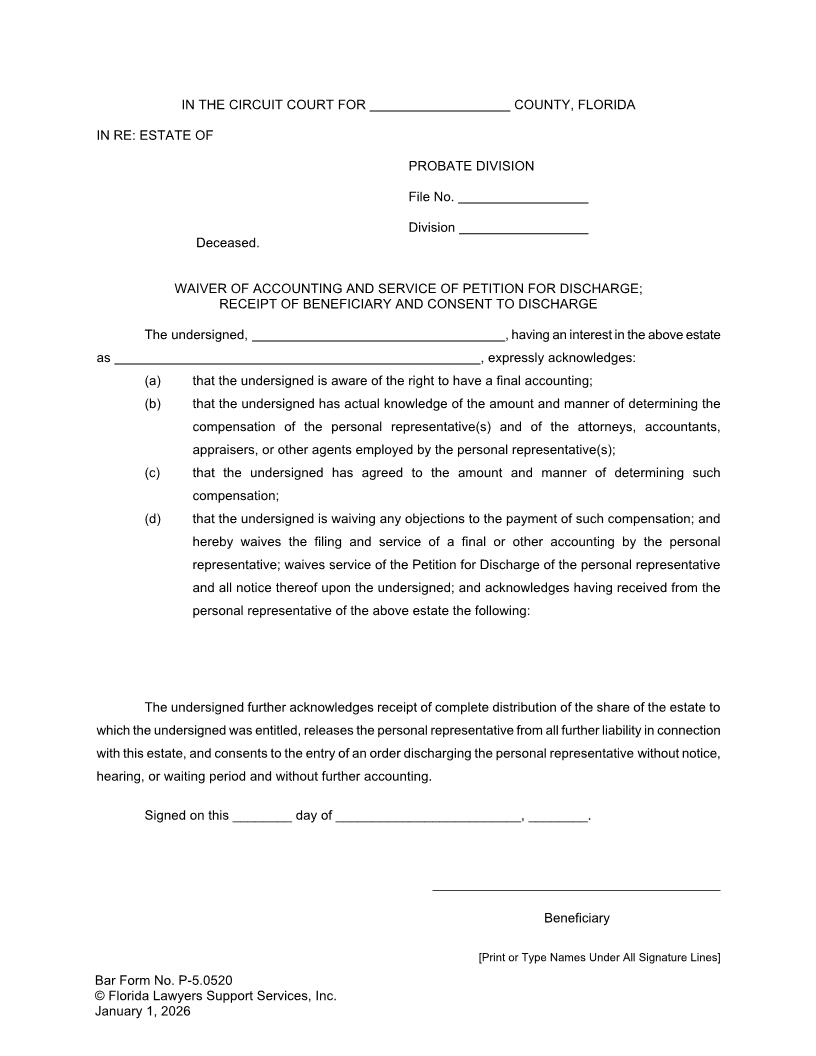 Waiver Of Accounting And Service (Discharge Petition) Beneficiary Receipt Discharge Consent {P-5.0520} | Pdf Fpdf Docx | FLSSI Probate