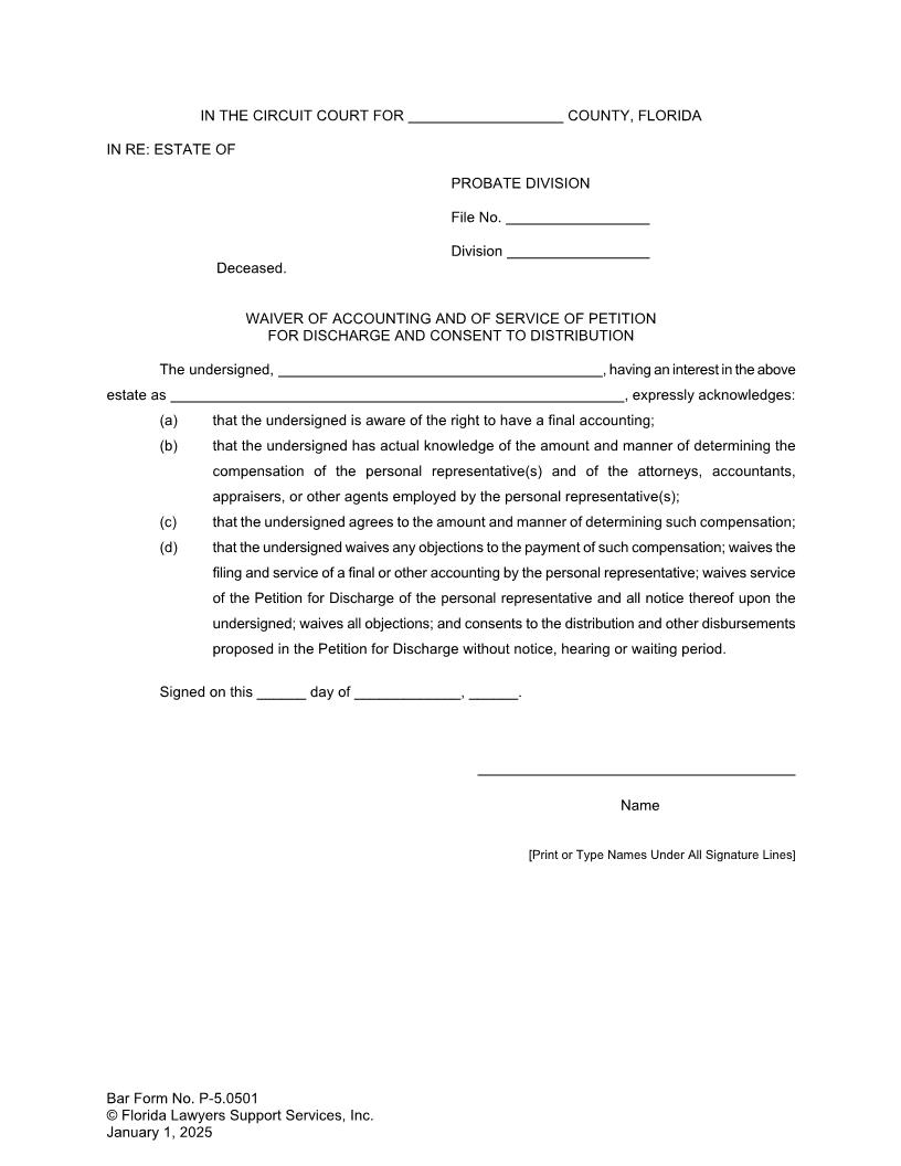 Waiver Of Accounting And Service (Discharge Petition) Consent To Distribution {P-5.0501} | Pdf Fpdf Docx | FLSSI Probate