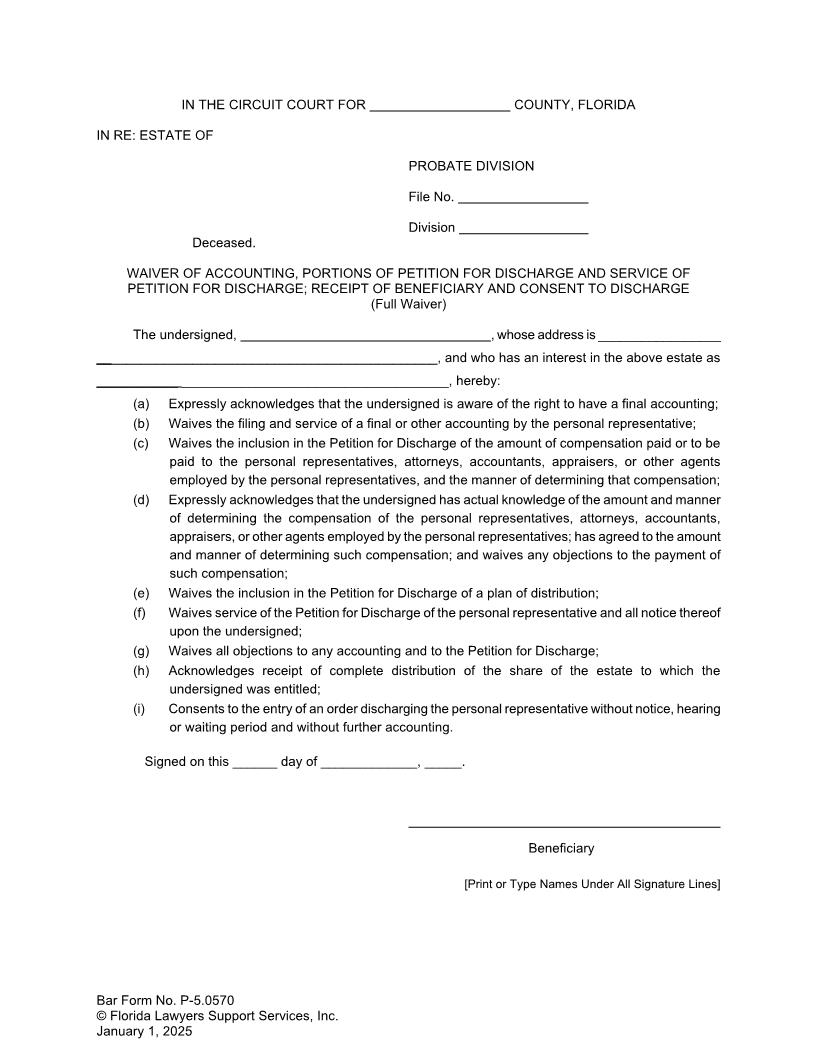 Waiver Of Accounting Portions Of Petition Service Beneficiary Receipt Discharge Consent {P-5.0570} | Pdf Fpdf Doc Docx | FLSSI Probate