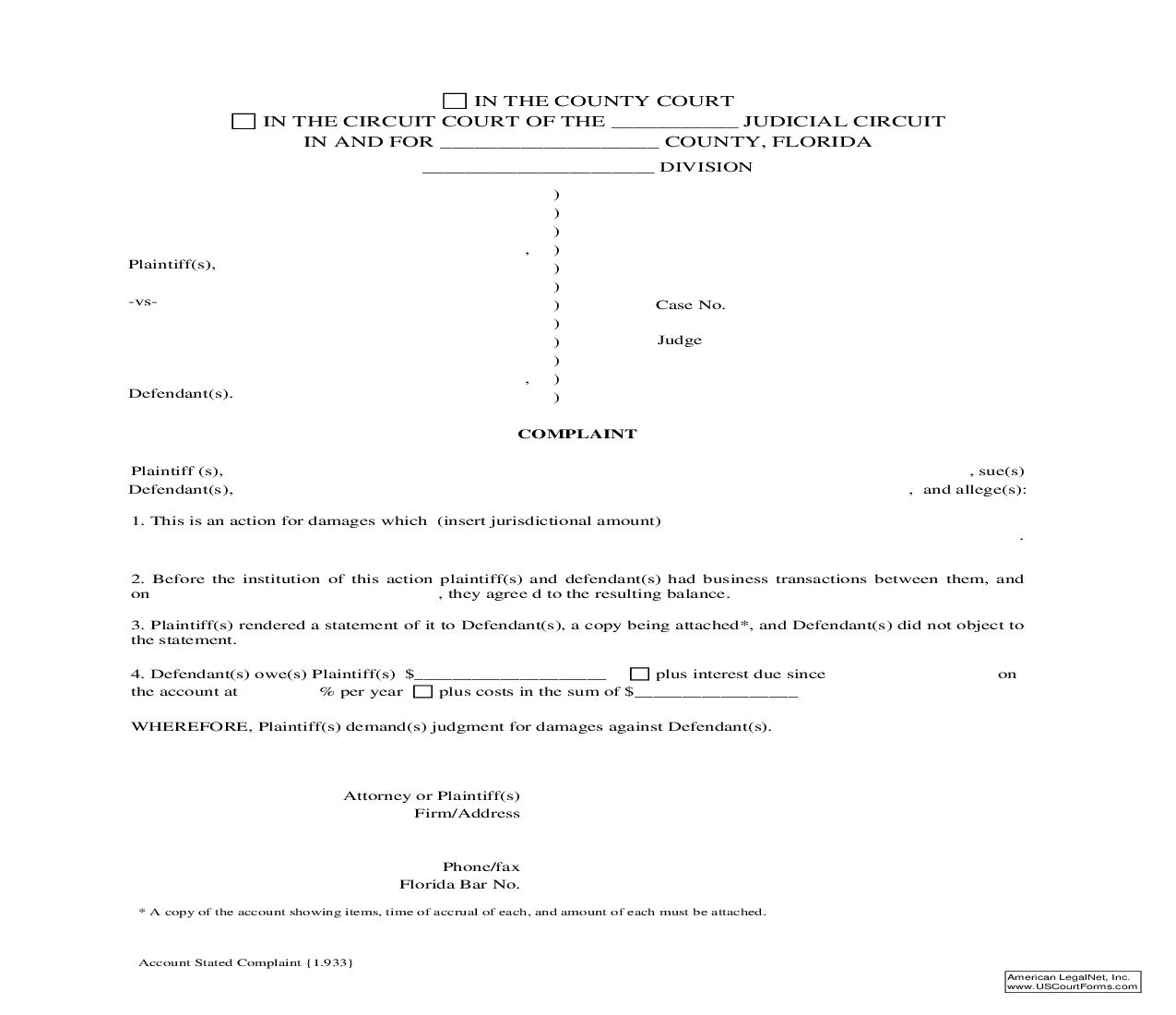 Account Stated Complaint {1.933} | Pdf Fpdf Doc Docx | Florida