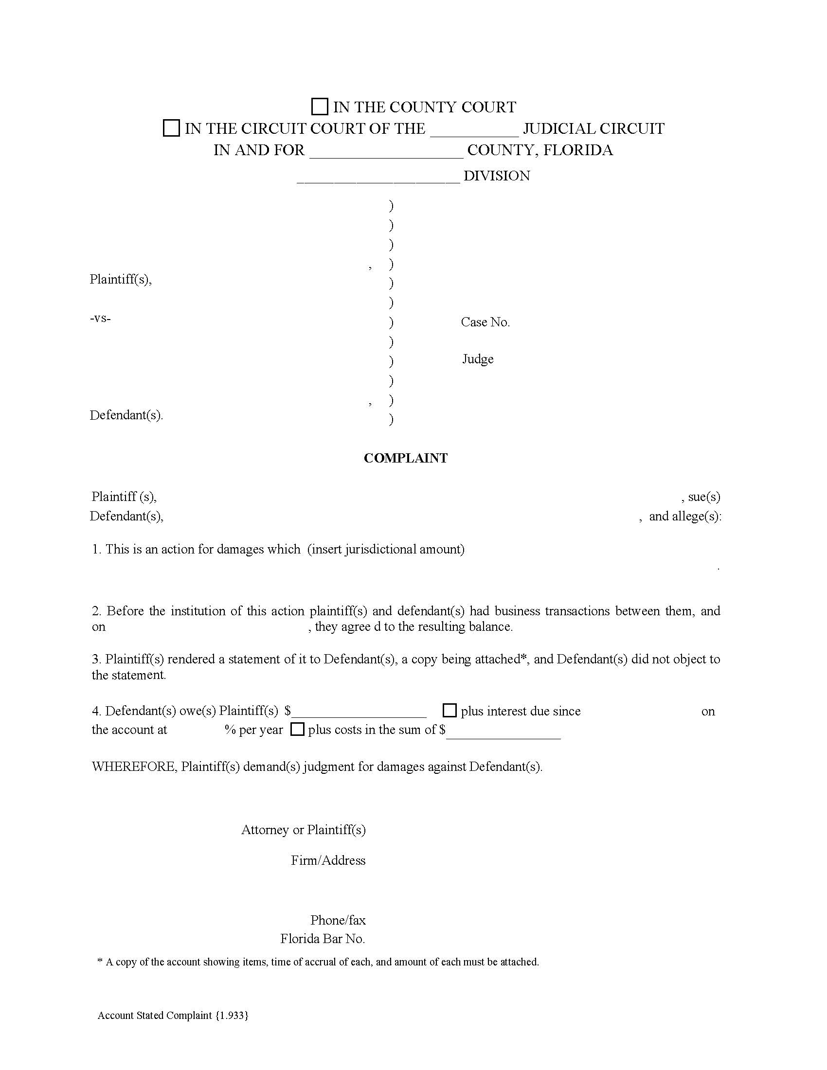 Account Stated Complaint {1.933} | Pdf Fpdf Doc Docx | Florida