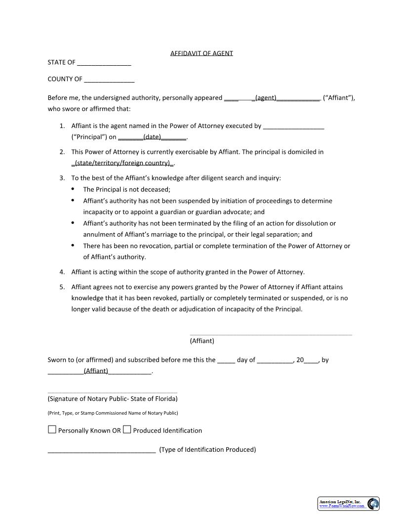 Affidavit Of Agent (Model) | Pdf Fpdf Docx | Florida