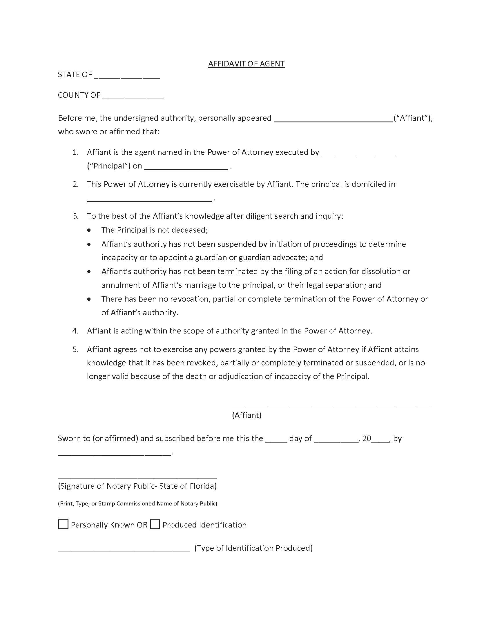 Affidavit Of Agent (Model) | Pdf Fpdf Docx | Florida