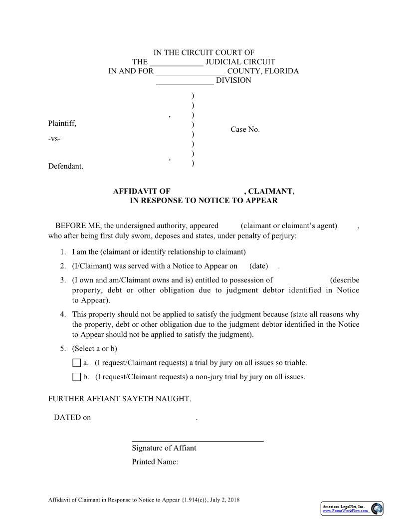 Affidavit Of Claimant In Response To Notice To Appear {1.914(c)} | Pdf Fpdf Docx | Florida