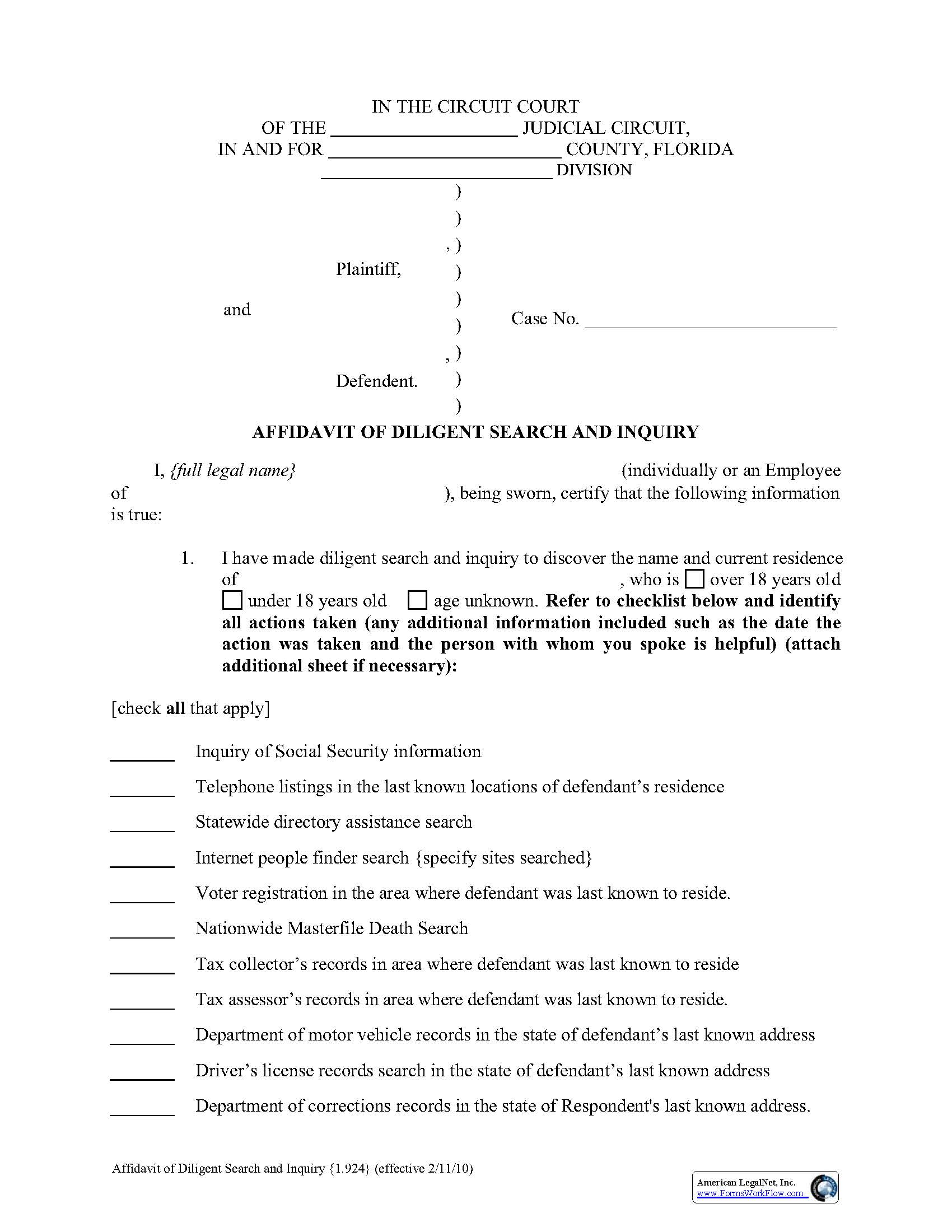 Affidavit Of Diligent Search And Inquiry {1.924} | Pdf Fpdf Doc Docx | Florida
