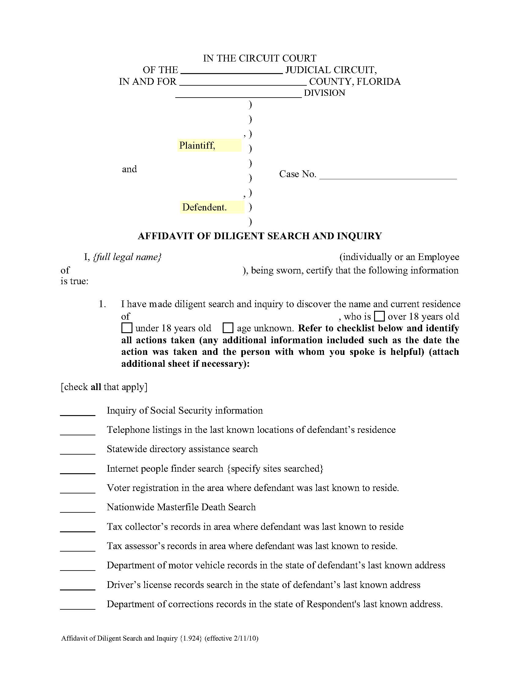 Affidavit Of Diligent Search And Inquiry {1.924} | Pdf Fpdf Doc Docx | Florida