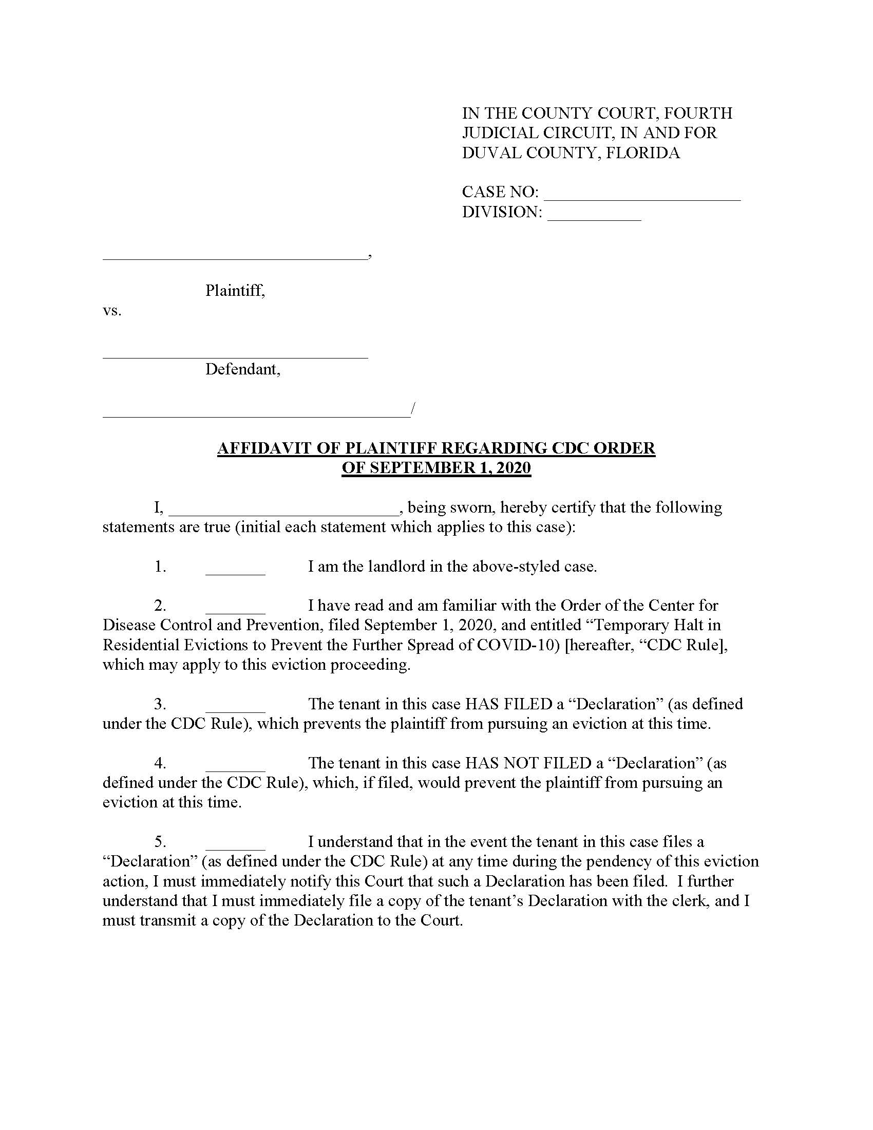 Affidavit Of Plaintiff Regarding CDC Order Of September 1 2020 | Pdf Fpdf Docx | Florida