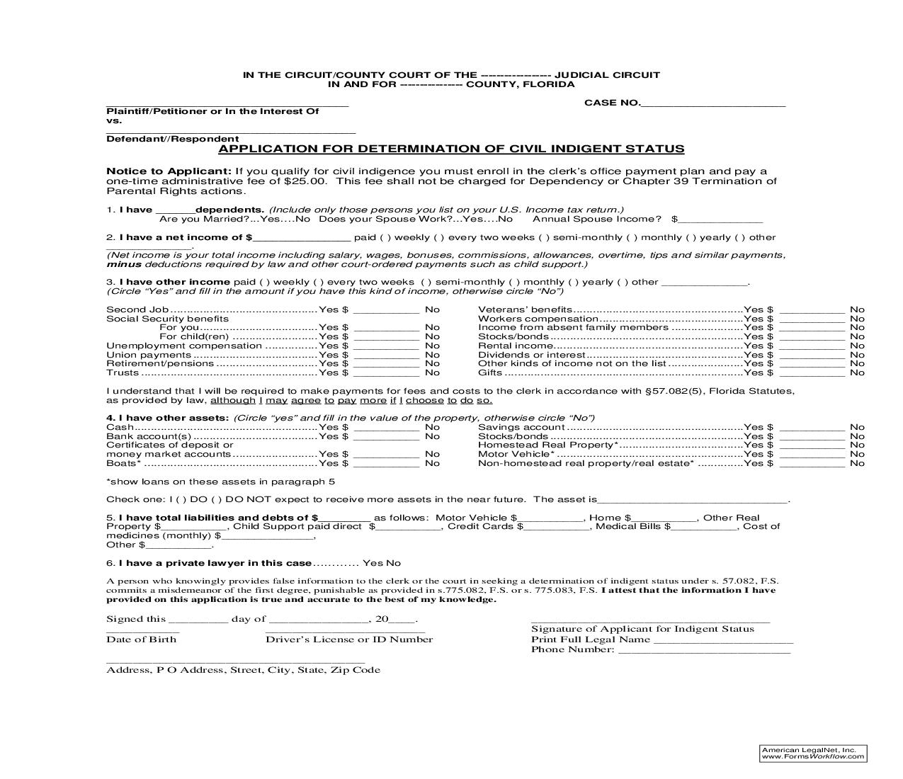 Application For Determination Of Civil Indigent Status | Pdf Fpdf Doc Docx | Florida