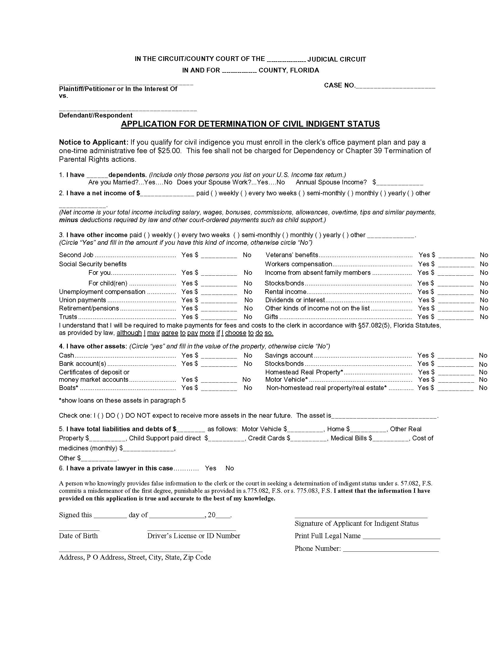 Application For Determination Of Civil Indigent Status | Pdf Fpdf Doc Docx | Florida
