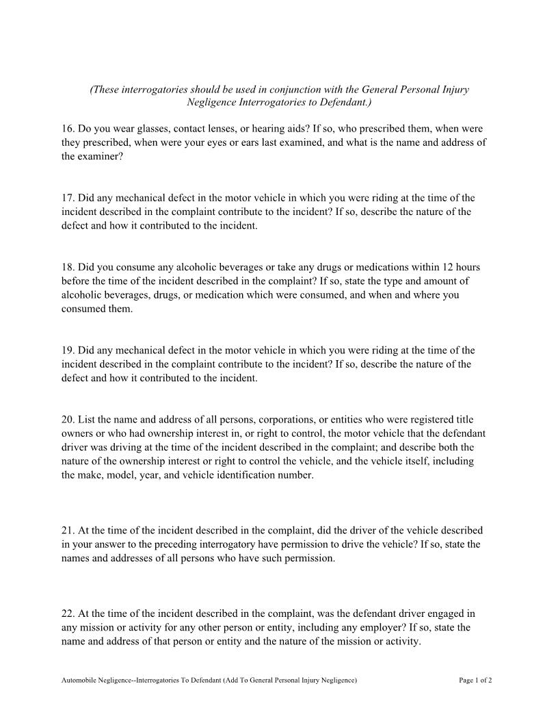 Autommobile Negligence - Interrogatories To Defendant (Add To General PI Negligence) | Pdf Fpdf Docx | Florida