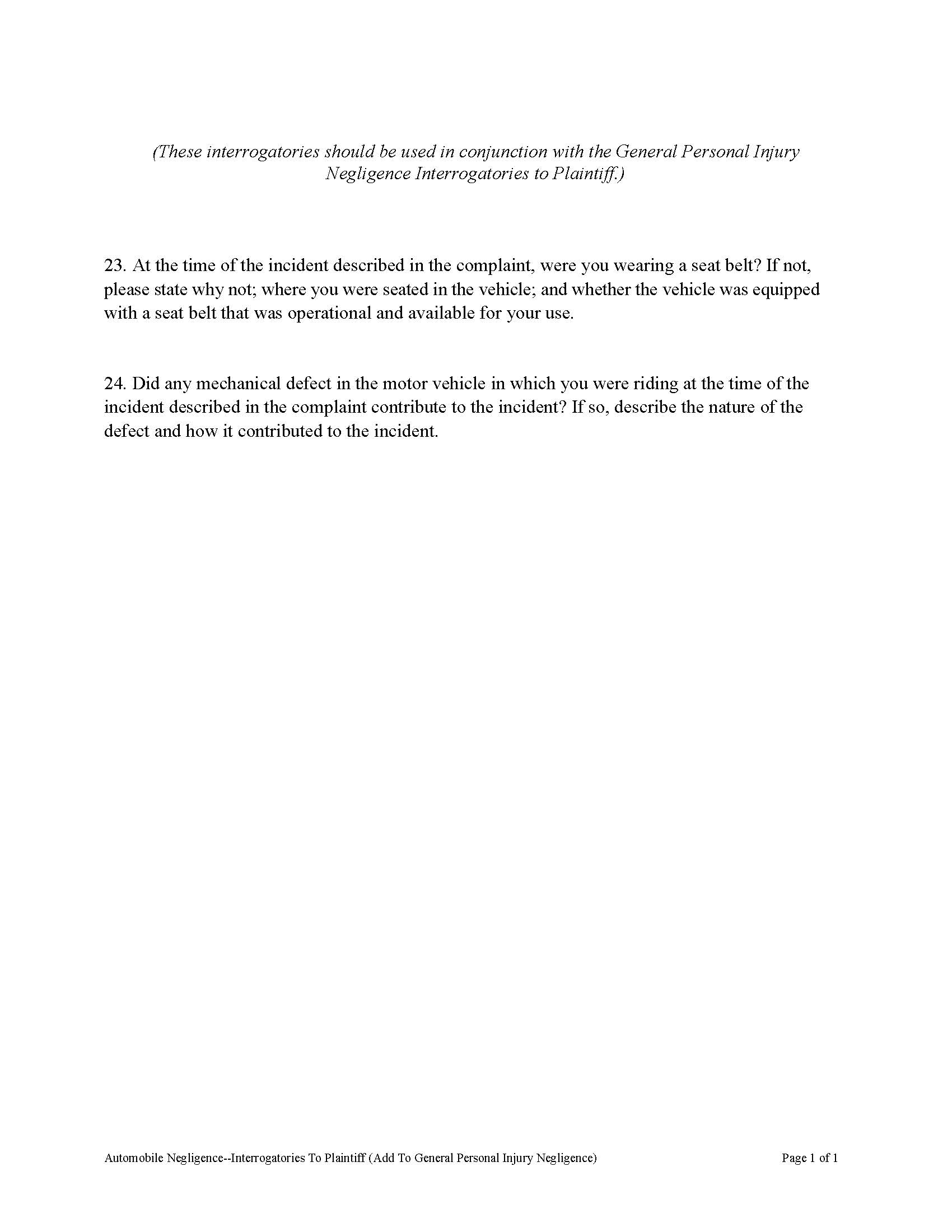 Autommobile Negligence - Interrogatories To Plaintiff (Add To General PI Negligence) | Pdf Fpdf Docx | Florida