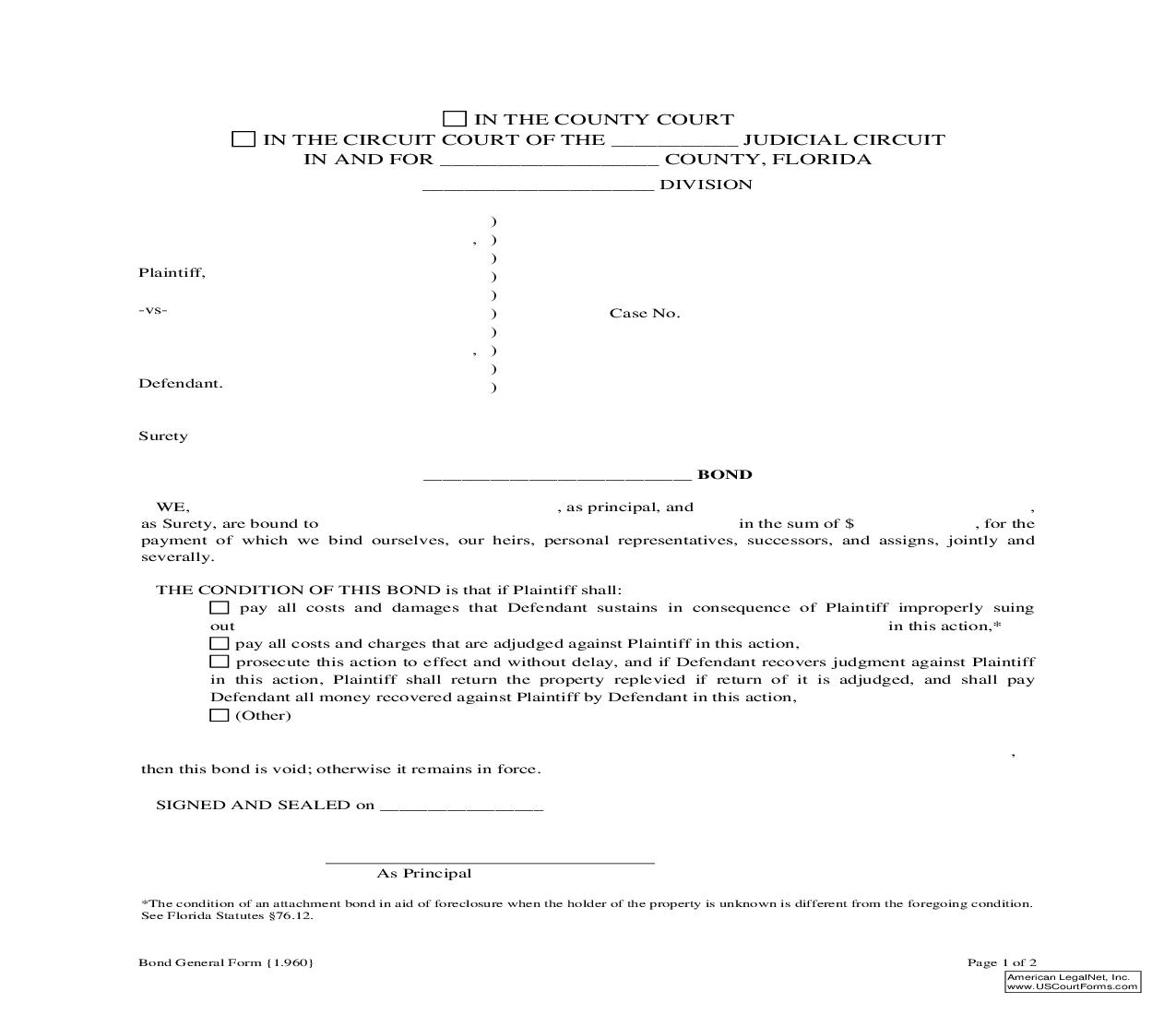 Bond General Form {1.960} | Pdf Fpdf Doc Docx | Florida