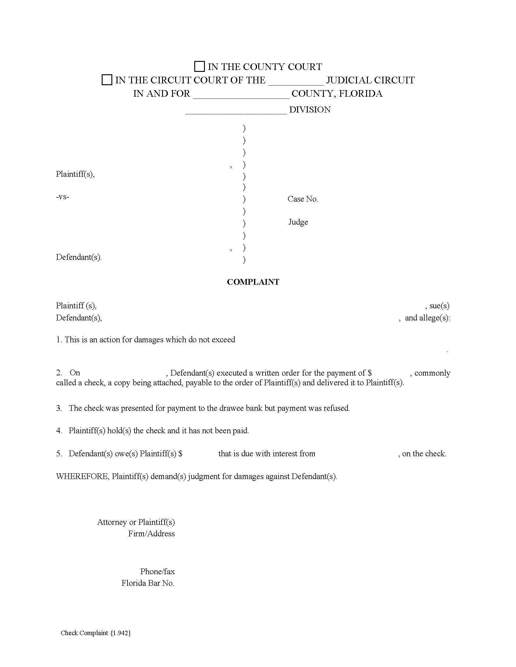 Check Complaint {1.942} | Pdf Fpdf Doc Docx | Florida
