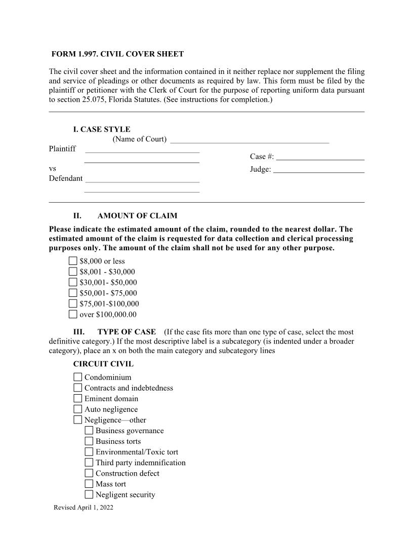 Civil Cover Sheet {1.997} | Pdf Fpdf Doc Docx | Florida