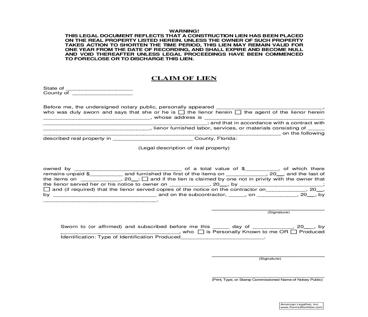 Claim of Lien | Pdf Fpdf Doc Docx | Florida