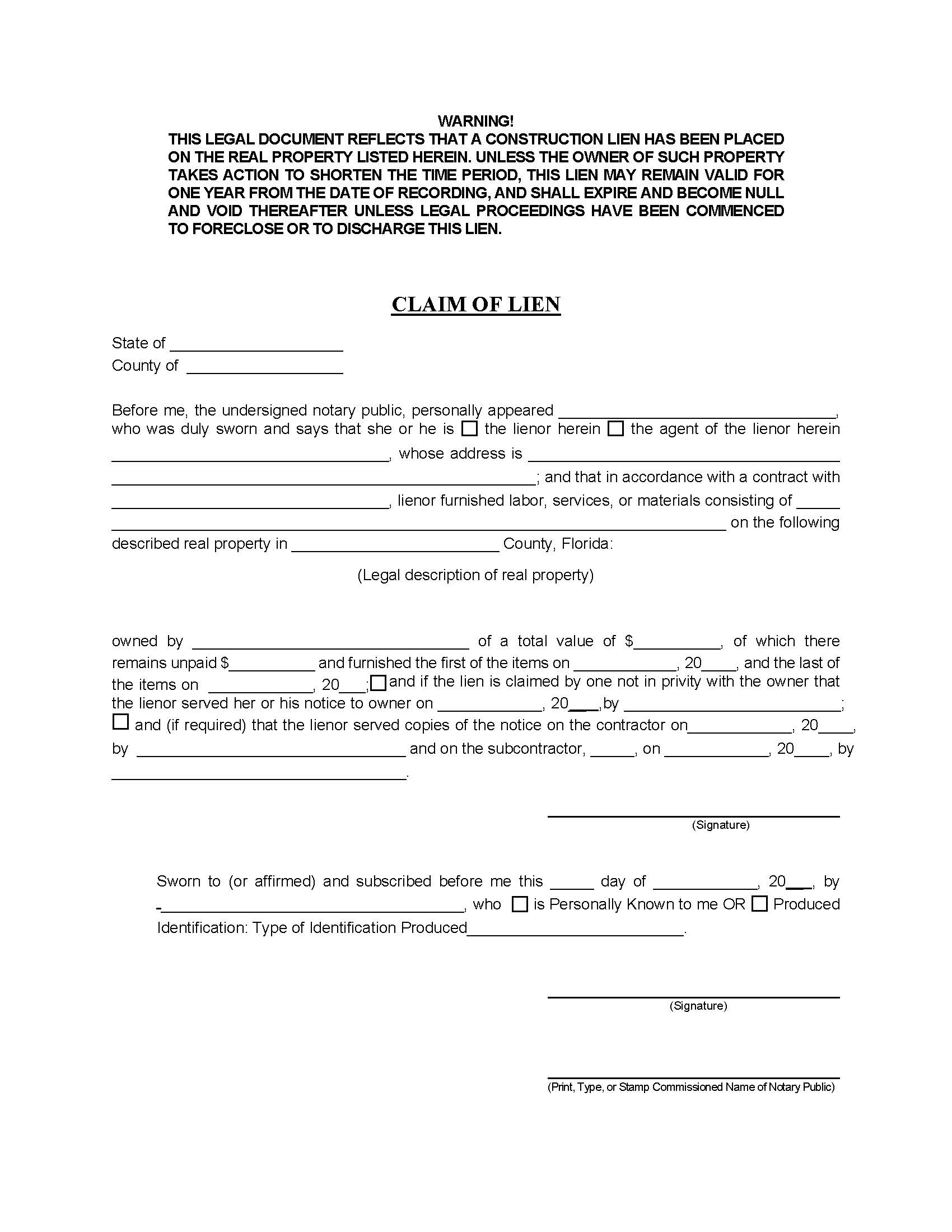 Claim of Lien | Pdf Fpdf Doc Docx | Florida