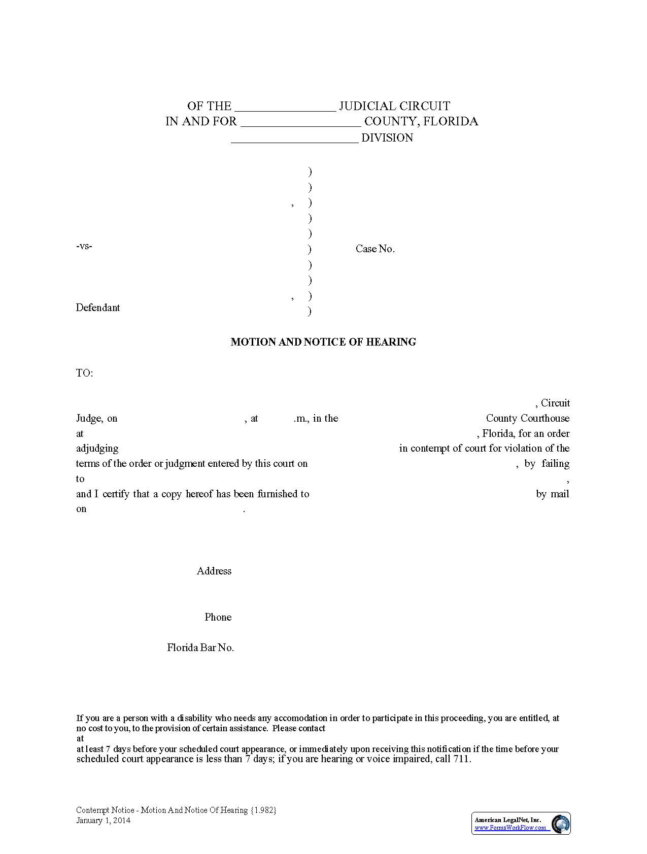 Contempt Notice - Motion And Notice Of Hearing {1.982} | Pdf Fpdf Doc Docx | Florida