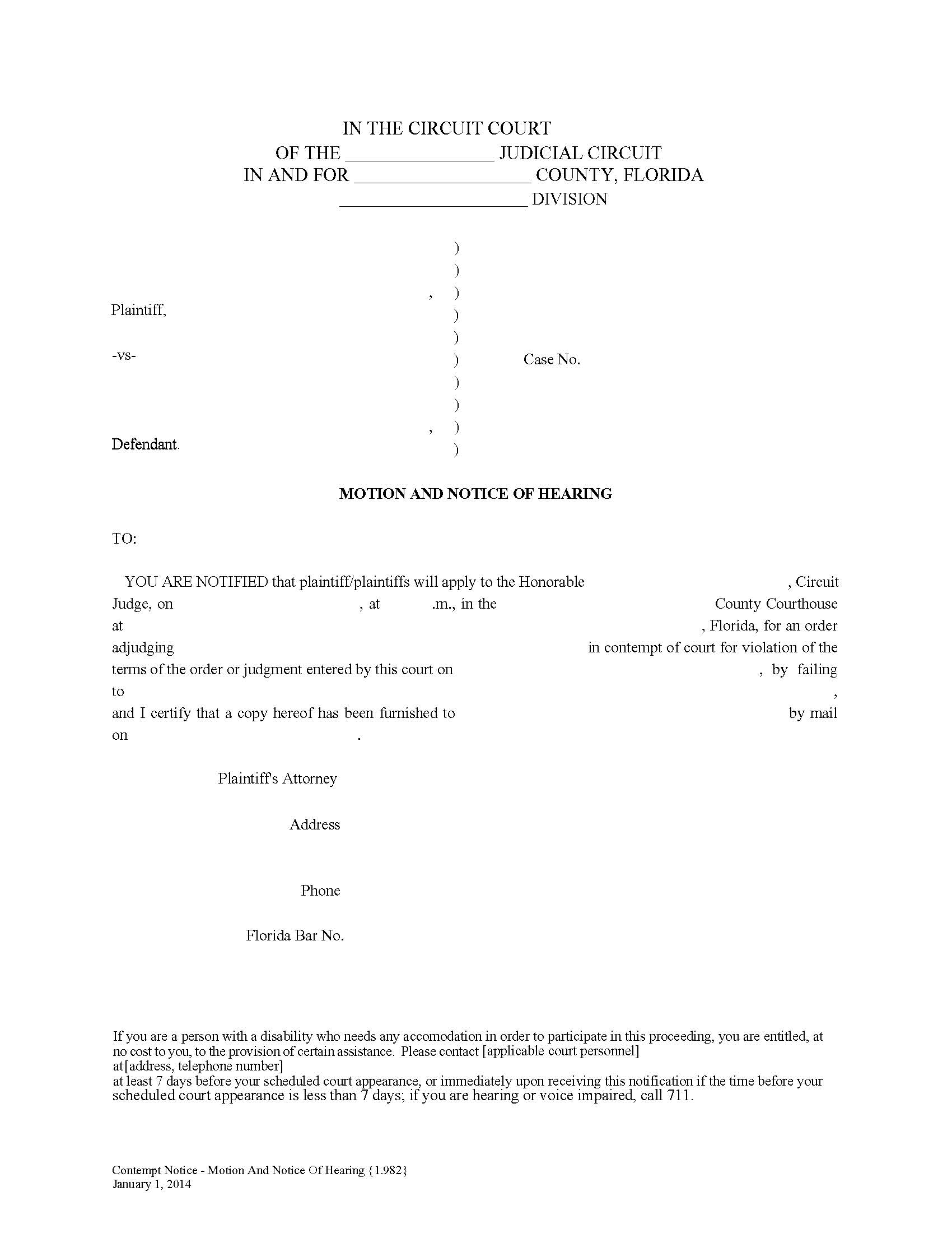 Contempt Notice - Motion And Notice Of Hearing {1.982} | Pdf Fpdf Doc Docx | Florida