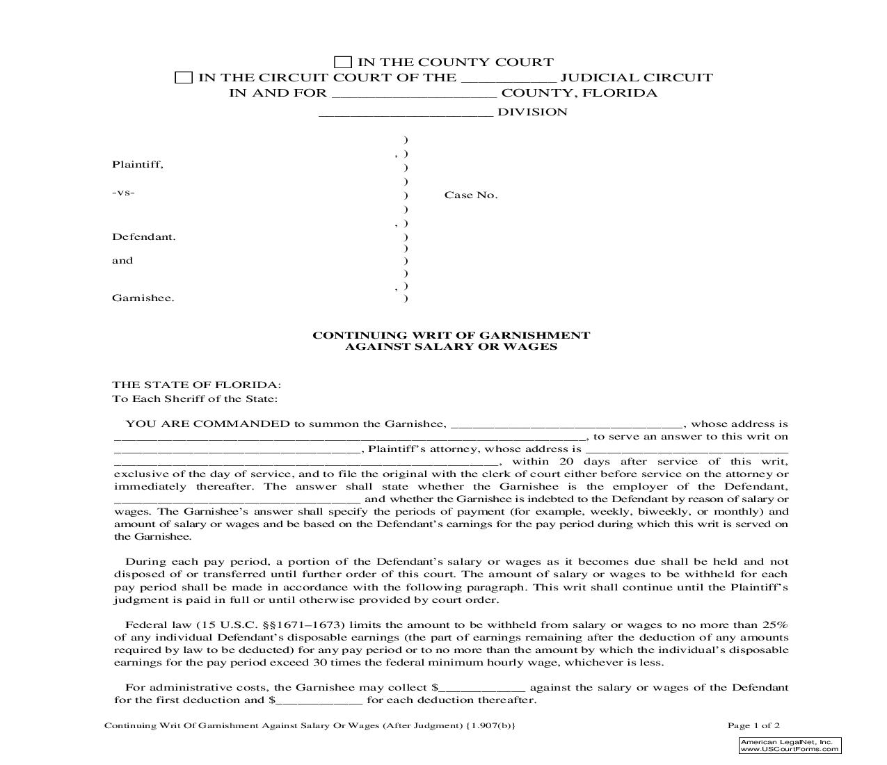 Continuing Writ Of Garnishment Against Salary Or Wages (After Judgment) {1.907(b)} | Pdf Fpdf Doc Docx | Florida