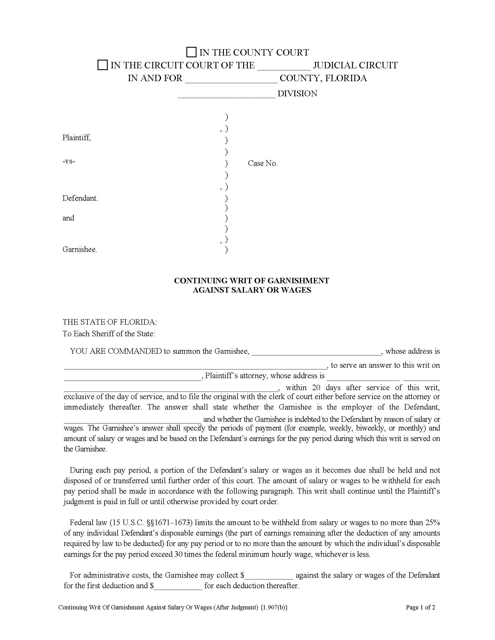 Continuing Writ Of Garnishment Against Salary Or Wages (After Judgment) {1.907(b)} | Pdf Fpdf Doc Docx | Florida