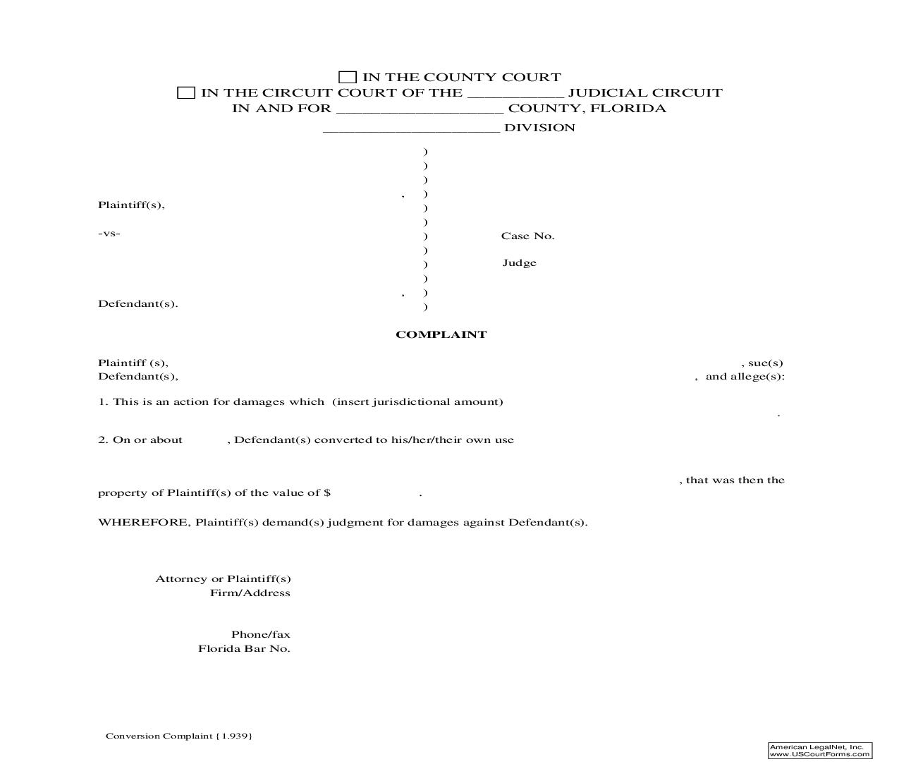 Conversion Complaint {1.939} | Pdf Fpdf Doc Docx | Florida