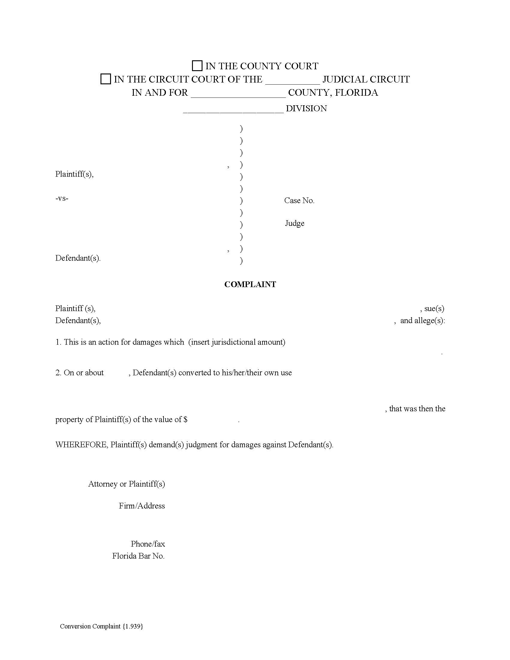 Conversion Complaint {1.939} | Pdf Fpdf Doc Docx | Florida