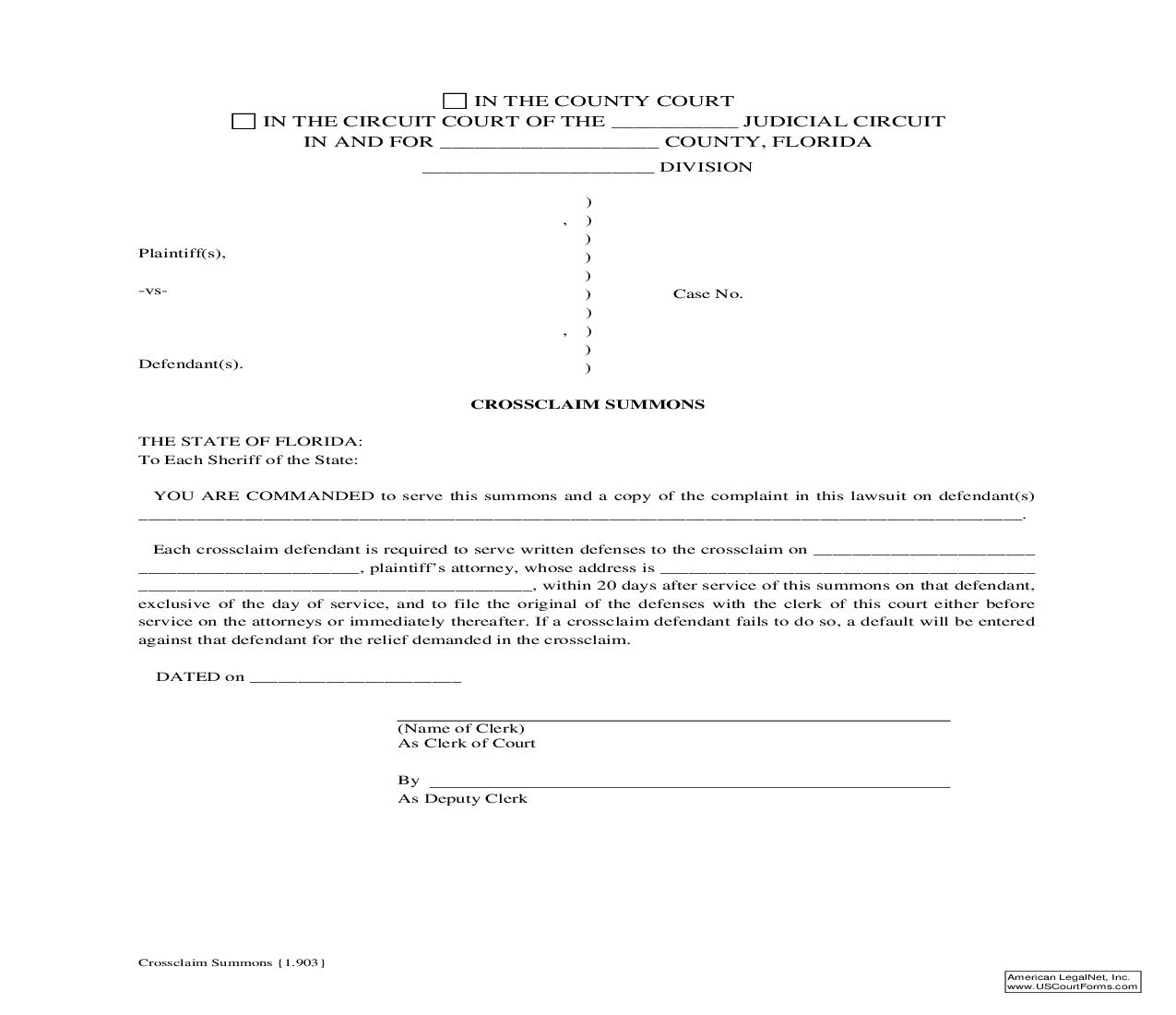 Crossclaim Summons {1.903} | Pdf Fpdf Doc Docx | Florida
