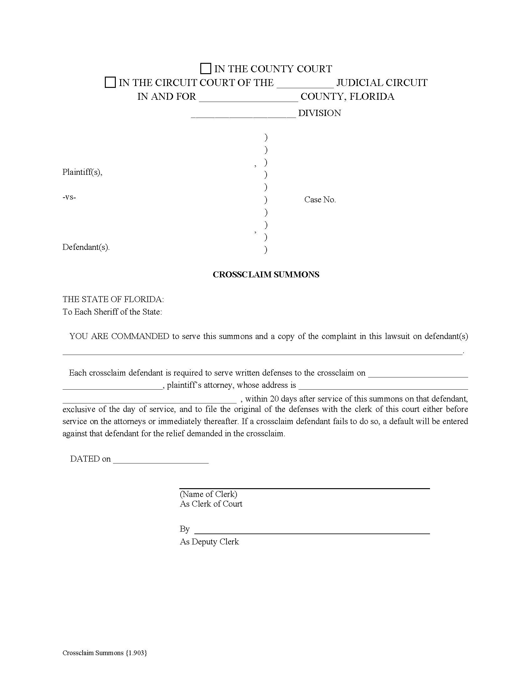 Crossclaim Summons {1.903} | Pdf Fpdf Doc Docx | Florida