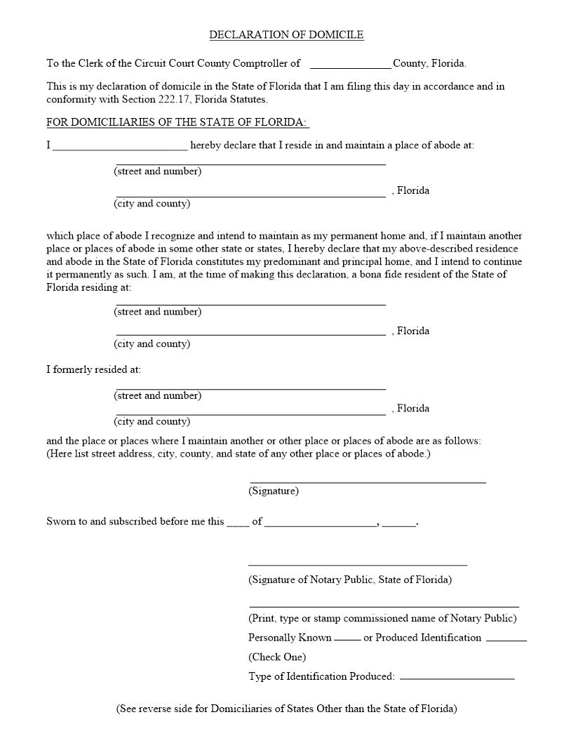 Declaration Of Domicile | Pdf Fpdf Docx | Florida