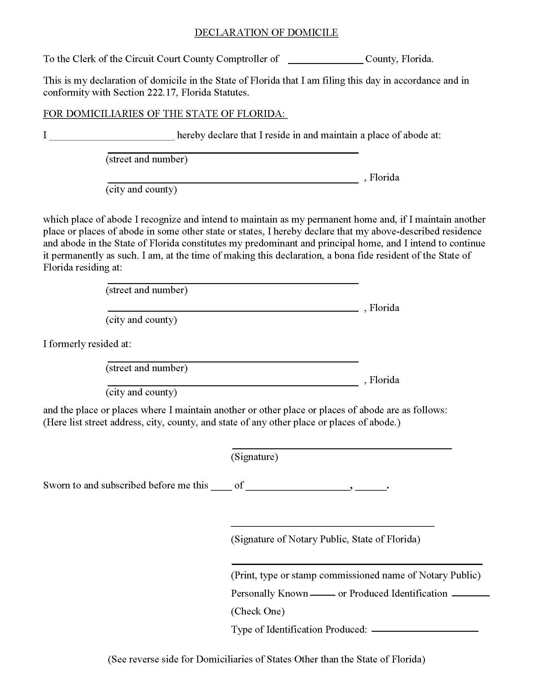 Declaration Of Domicile | Pdf Fpdf Docx | Florida