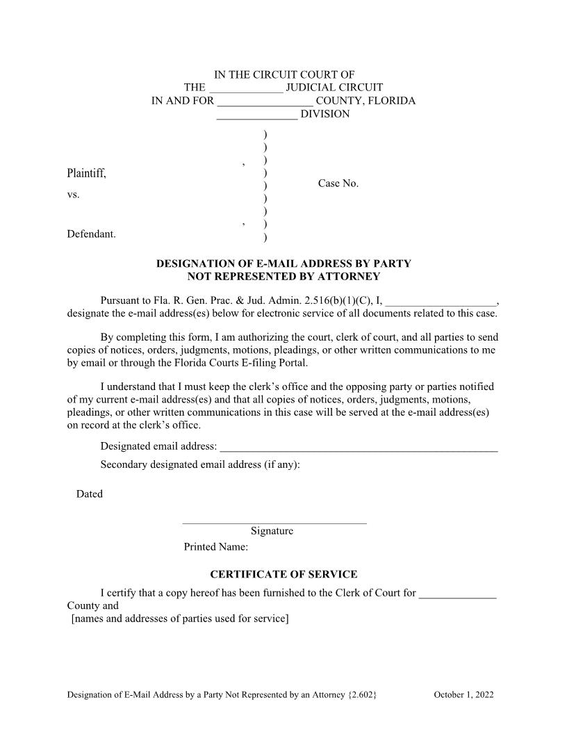 Designation Of E-Mail Address By Party Not Represented By Attorney {2.602} | Pdf Fpdf Docx | Florida