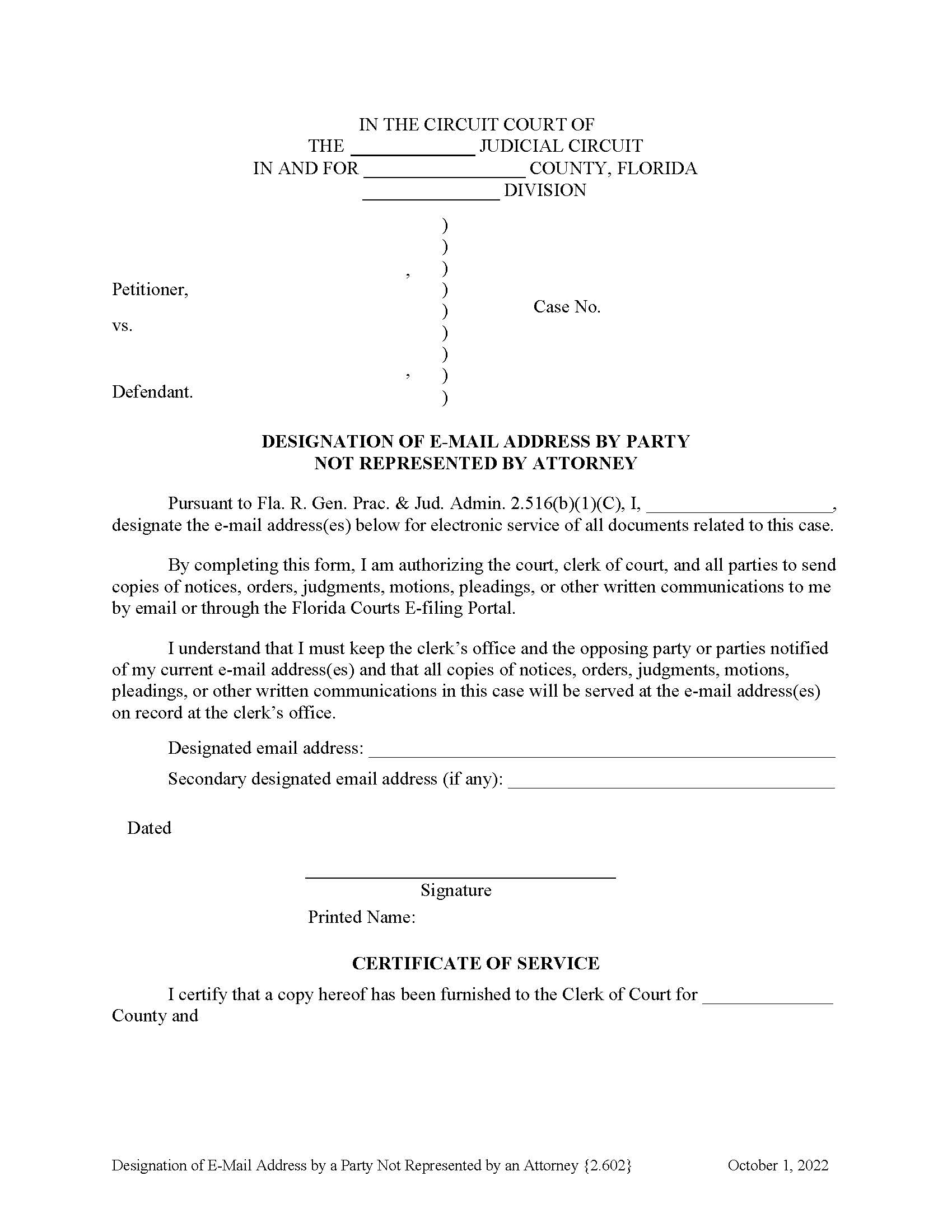 Designation Of E-Mail Address By Party Not Represented By Attorney {2.602} | Pdf Fpdf Docx | Florida